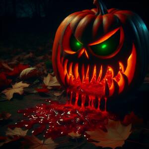 Scary Halloween pumpkin with scary green eyes and bloody smile
