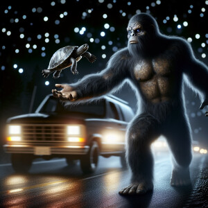 A huminoid looking sasquatch throwing a turtle toward a moving v...
