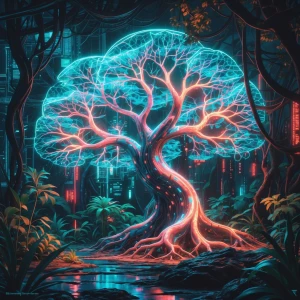 In a mesmerizing cybernetic jungle, artificial flora and fauna g...