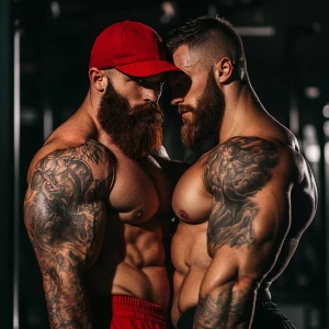 Two muscular men are embracing in a gym setting. One has a thick...