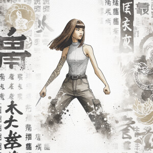 Athletic Thin skinny Attractive, Asian teenage girl, long brown hair and bangs, wearing tight skinny jeans and a halter top paint marks on her clothing, heroic pose Asian graffiti background, side view