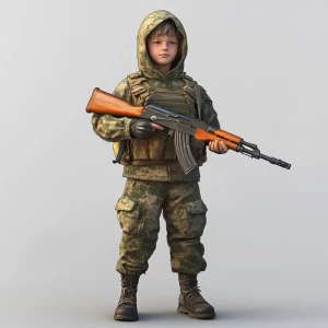 Russian kid soldier in contemporary military attire, holding an...