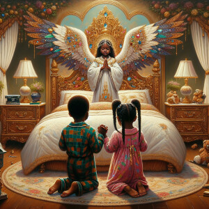 An oil painting of two African-American children with dark skin,...