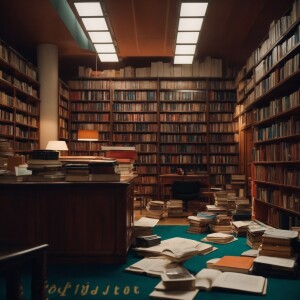 The office transforms into a library filled with books labeled '...