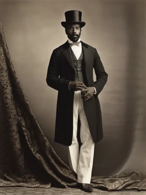Create an image of a tall, featureless figure dressed in traditi...