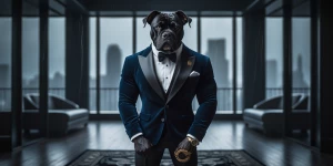 A powerful, muscular Black Corso hybrid, rendered in hyperrealis...