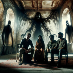 Two men and one woman are in a creepy old room, and a lot of evi...
