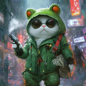 A white fluffy cat wearing a green frog costume with a hood feat...