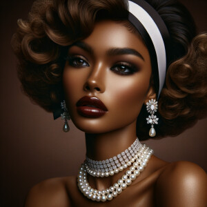 Envision a light-skinned African-American Hawaiian woman, embodying a mix of cultural elegance. Her hair is styled in glamorous, voluminous curls that frame her face, with a chic white and black headband accented by a luxurious pearl and diamond brooch. Her makeup is classic and sophisticated, with a smoky eye and deep red lipstick that complements her complexion. Adorning her neck are strands of pearls, adding to her opulence, and her ears feature large, chandelier earrings with pearls and diamonds that glisten. She carries the grace of Hawaiian charm, with her head slightly tilted in a dignified pose, her eyes full of depth and history. The background is a rich, dark shade that contrasts with her radiant skin.