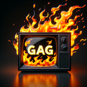 Tube TV with the word “GAG” on the screen on fire cartoon logo
