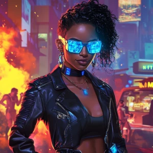 A futuristic female character with dark skin, styled in volumino...