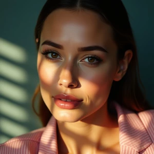 Close-up portrait of a woman illuminated by soft, warm afternoon...