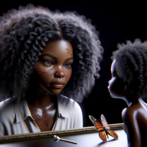 Create a 3-D realistic beautiful African-American  women with thick curly black hair
Looking at herself in the mirror, but the reflection she sees is a child, and she is no longer beautiful. She is ugly with scars. There is a fallen butterfly.