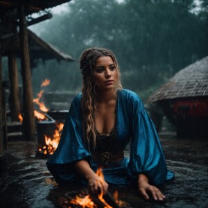 Soaked Wench at a pirate hideaway siting by a fire on a rainy da...
