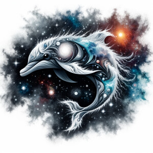 A white background, a graphic of an outer space celestial animal...