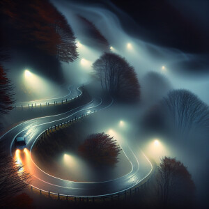 Autumn. Night. Serpentine. A car is driving in the fog on the ro...