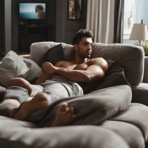 He was at enjoying himself on the couch  with body xposedicc and...