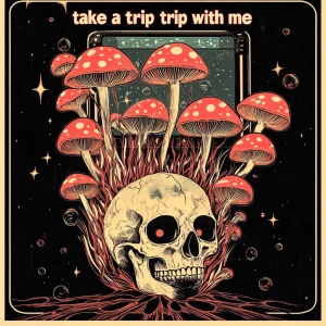 Psychedelic artwork featuring a central human skull with stippli...