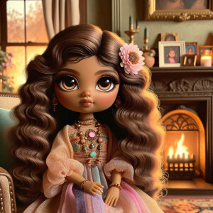 Create an image of a stylized, Latino doll-like girl seated in a cozy living room with a warm fireplace. She has voluminous, wavy hair cascading over her shoulders, tinted with shades of chestnut and mocha. Her large, expressive eyes are a deep brown, fringed with long, fluttery lashes. A delicate pink flower tucks behind one ear, complementing her youthful glow. She wears a gold, pink, and blue body on dress with soft, flowing fabric that drapes elegantly over her small frame. Around her neck is a dainty necklace adorned with beads and a gentle sprinkle of gemstones reflecting subtle light. In her hand, she holds a pearly seashell as a charming accessory. Behind her, the living room is inviting, with plush furnishings, a mantelpiece adorned with family photos and trinkets, and a crackling fireplace that casts a comforting glow and dancing shadows around the room, enhancing the ambiance of a serene home setting