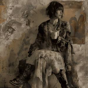 Create a mesmerizing grunge-style illustration of a fashion mode...