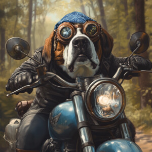 An hyper-realistic image of a St. Bernard riding a blue metallic...