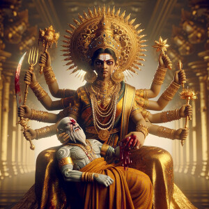 portrait of angry looking, four-armed indian goddess sitting on...