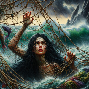 A mermaid with long black hair and tanned skin, is caught in a f...