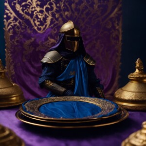 A knight errant in black with gold details on the plate, cloth i...