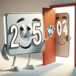 "An anthropomorphic '2025' sign, with gleaming numbers and cheer...