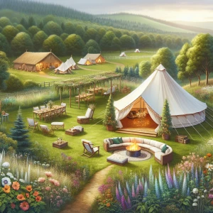 "Design a luxurious glamping setup featuring a spacious bell ten...
