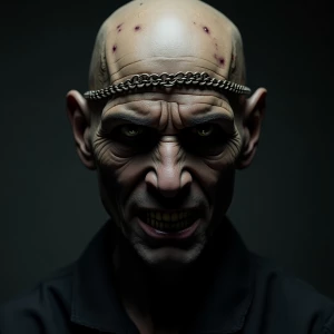 A sinister entity facing forward, its visage marred by a scold's...