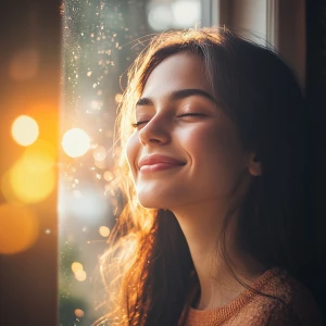 A person's expression gradually shifts from deep in thought to a...