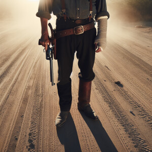An old west cowboy standing in the middle of the road, six shoot...
