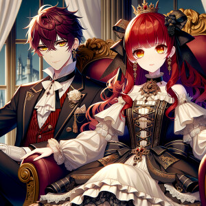 Lilith as a girl with elegant gothic lolita dress sit beside handsome lucifer, the girl has red hair and golden eyes, thrones