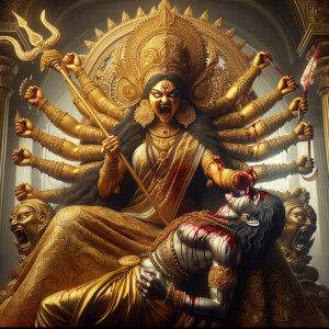 portrait of angry looking goddess durga sitting on a gold crown and carrying a weak mahishasur on her lap and stabbing him with her amazingly designed trident. She is wearing gold armor, a huge gold crown, gold saree, abundant  gold jewelry, covered in blood. The scene is set in ancient India. The image is 8K resolution, cinematic, ultra detailed face and epic.