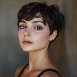 a woman, look to the camera, close up photo, Pixie cut Hairstyle...