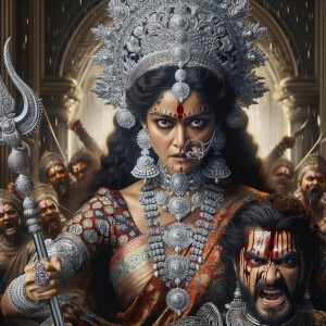 portrait of angry looking, gorgeous goddess durga cosplayer carrying a weak mahishasur in her two arms and stabbing him with her amazingly designed trident. She is wearing a huge silver crown, red saree, abundant silver jewelry, covered in blood. The scene is set in ancient India. The image is 8K resolution, cinematic, ultra detailed face and epic.