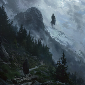 A dark mountain trail fading into a dense forest. At the top of...