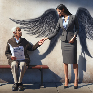 A professionally dressed woman in a tailored business suit exten...