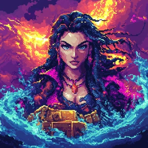 A 16-bit style portrait of a fierce pirate queen commanding a st...