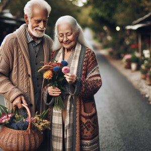 Grandparents buy flowers, the road to buy flowers