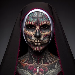 macabre conjuring closeup of a demonic nun with half skeletal fa...