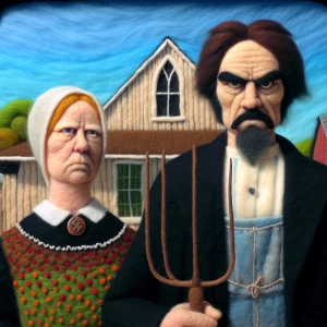 Felted image of American Gothic.