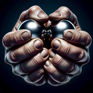 A hand grasping 2 large metal balls, seen from the front.