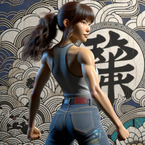 Athletic Thin skinny Attractive, Asian teenage girl, long brown hair and bangs, wearing tight skinny jeans and a halter top paint marks on her clothing, heroic pose Asian graffiti background, backside view