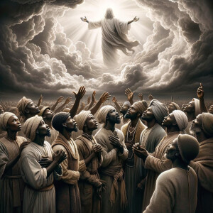 Black slaves looking up at a cloud forming into Jesus, HD, 4K, 8...