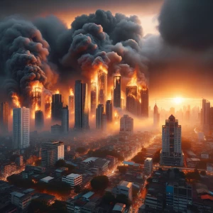 Create an image depicting a large-scale wildfire engulfing the c...