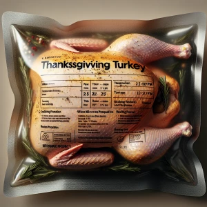 A raw, vacuum-sealed whole Thanksgiving turkey, labeled as micro...