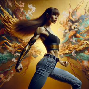 Athletic Thin skinny Attractive, Asian teenage girl, long brown hair and bangs, wearing tight skinny jeans and a halter top paint marks on her clothing, heroic pose Asian graffiti background, side view