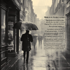 "Woke to thunder's rumble and rain's rhythmic dance upon my wind...